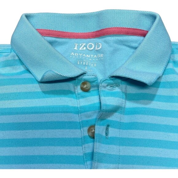 Izod Golf Men's Blue Striped Polo Collar Shirt Size Large Pink Logo Casual Sport - Picture 3 of 5